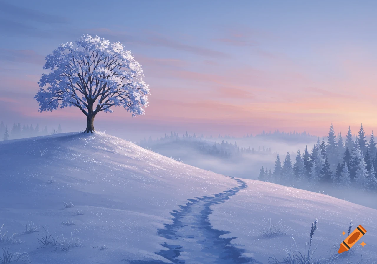 Serene winter landscape with a snow-covered tree on a hill, a winding path, and a misty forest under a twilight sky.