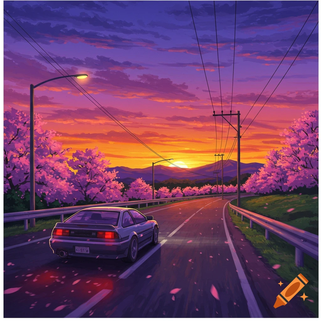 Anime landscape of a car driving on a road lined with pink cherry blossoms at sunset under a purple and orange sky.