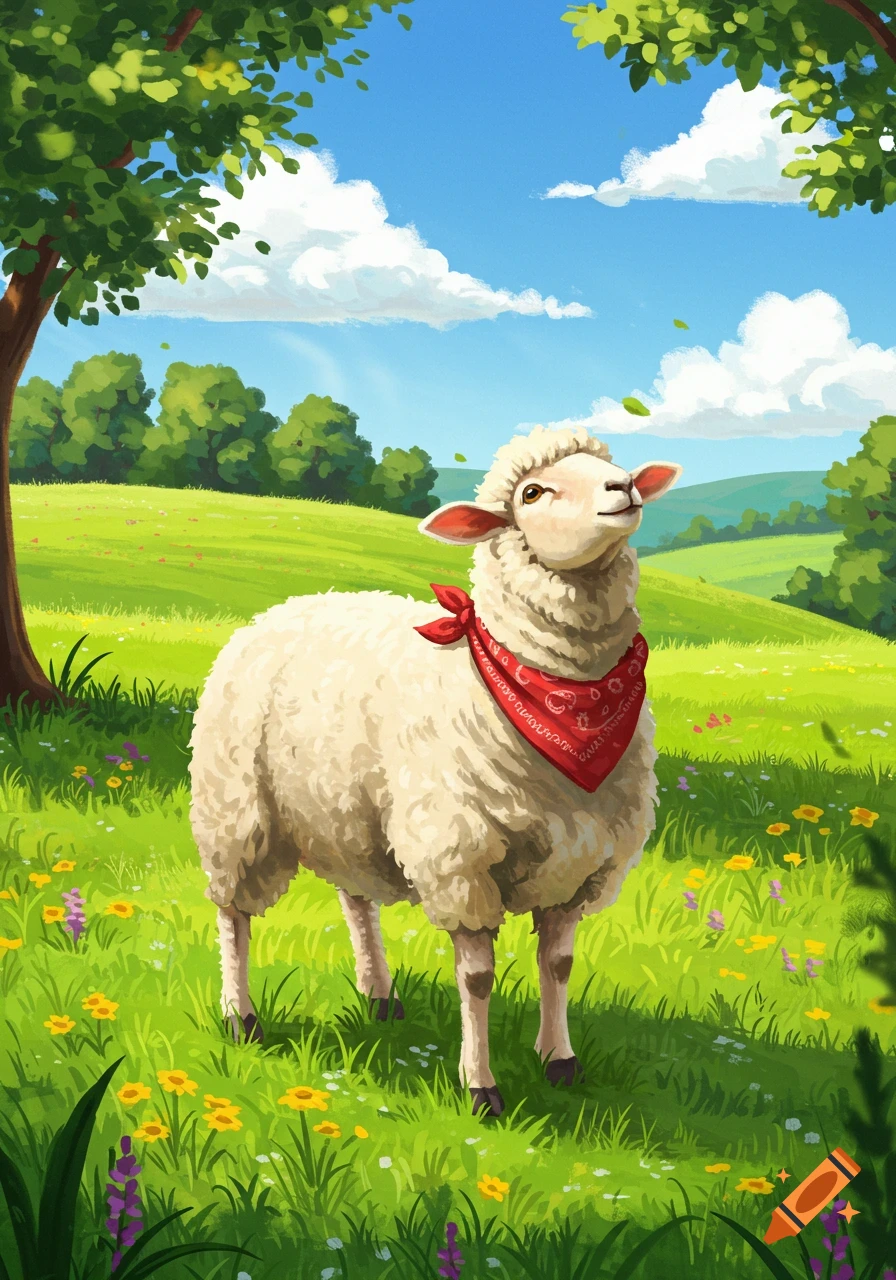 A happy, fluffy white sheep with a red bandana stands in a bright, green meadow filled with flowers, under a blue sky.
