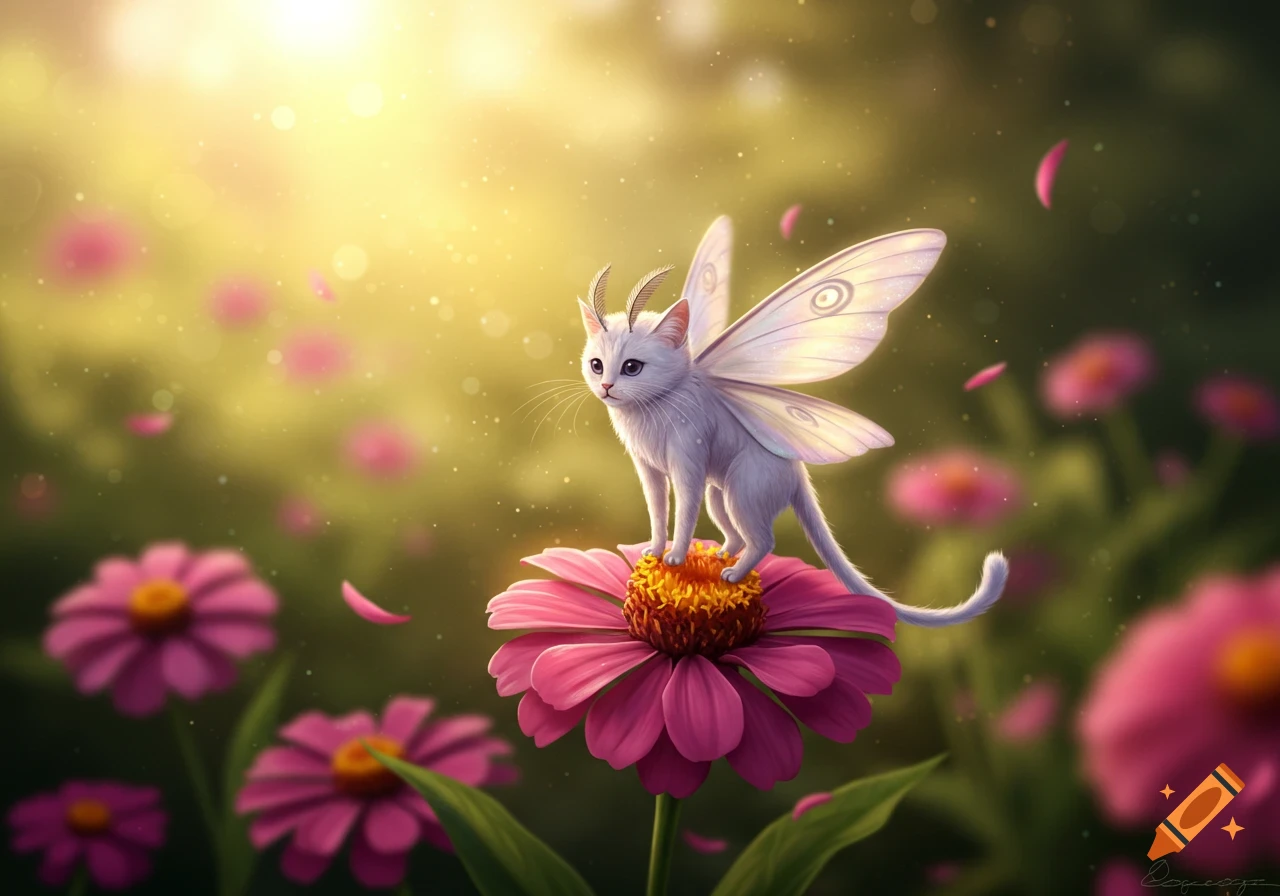 A whimsical white moth-cat hybrid with antennae stands on a large pink flower in a sunlit garden with sparkling bokeh.