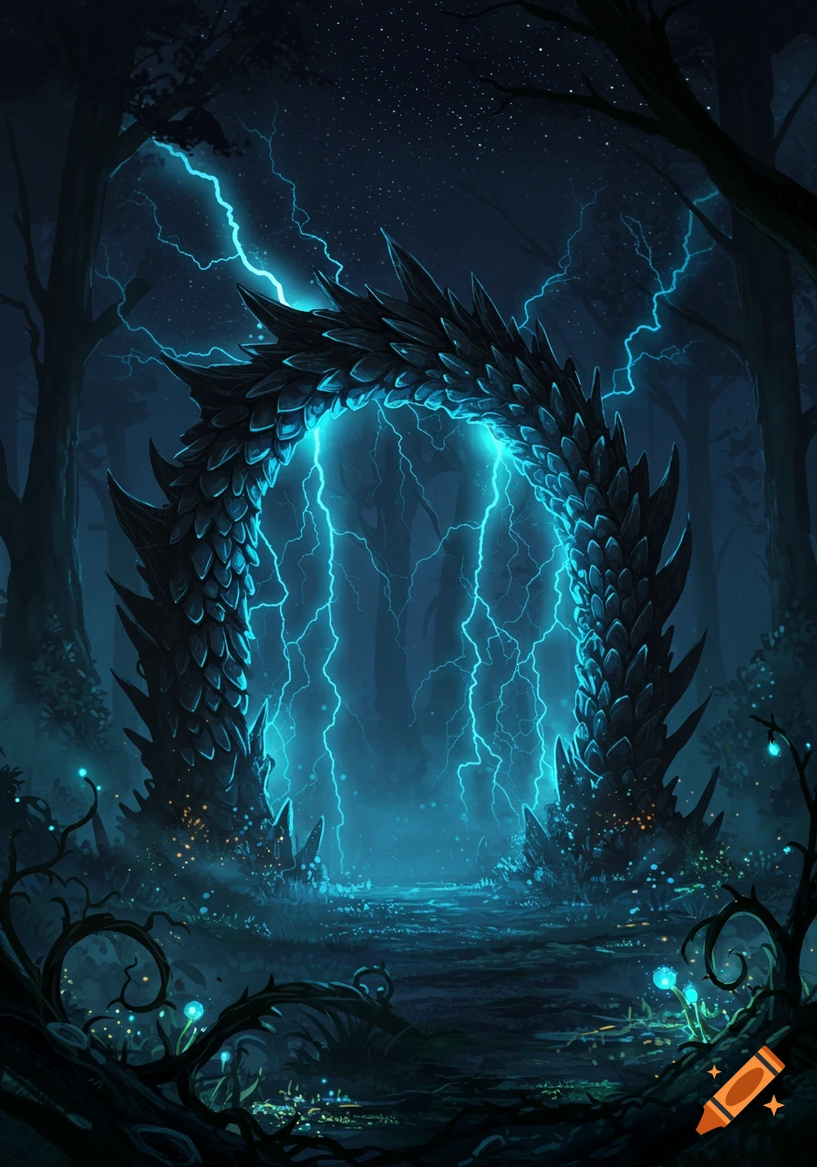 A dark fantasy art shows a glowing blue lightning portal within a dragon-scale arch in a mystical, starry night forest.