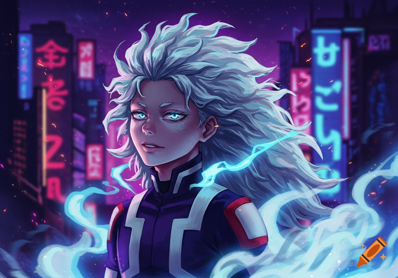 An anime character with silver spiky hair, glowing blue eyes, and blue energy, wearing a purple and white superhero uniform against a neon city background.