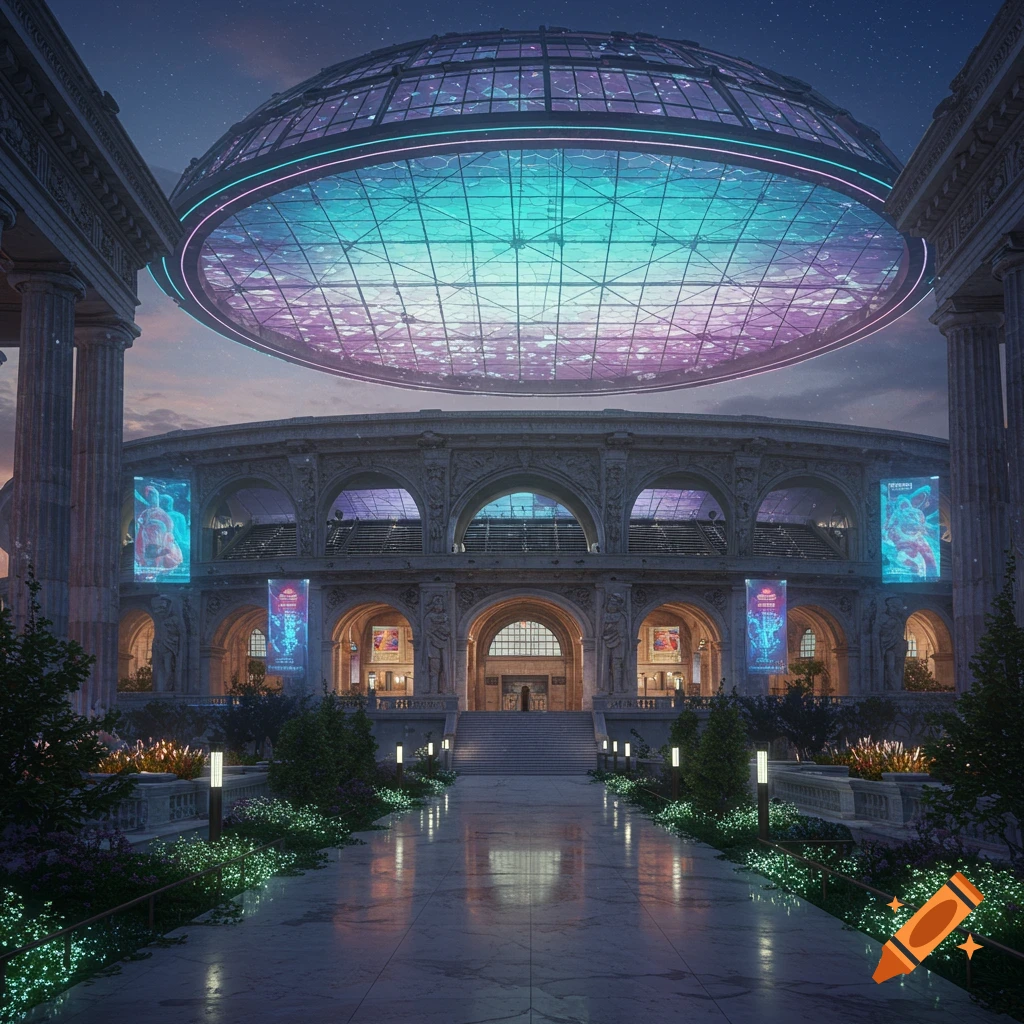 A grand futuristic stadium with classical architecture, a glowing glass dome, and illuminated pathways at twilight.