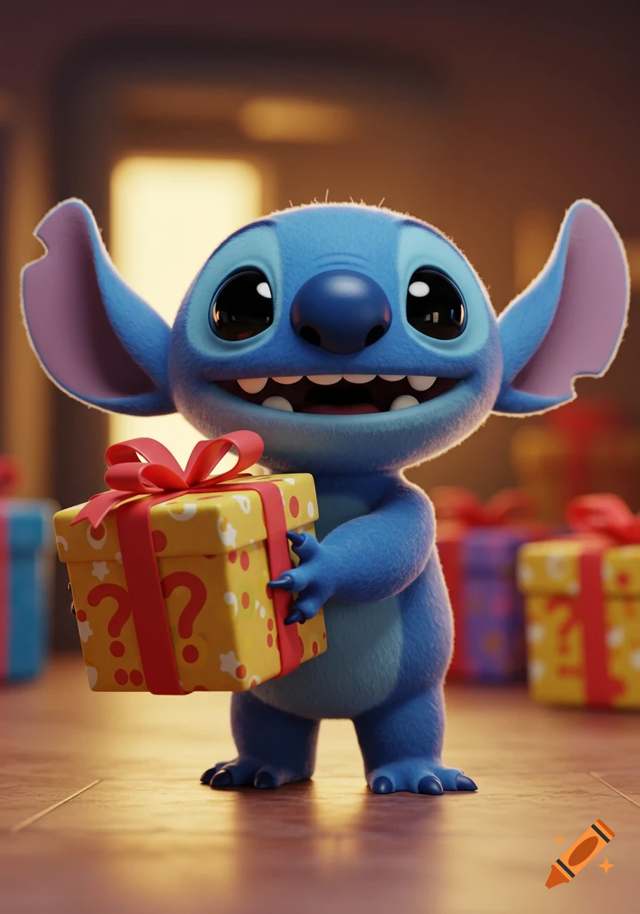 A cute, smiling blue alien character in Pixar 3D style holds a yellow gift box with a red ribbon and question marks.