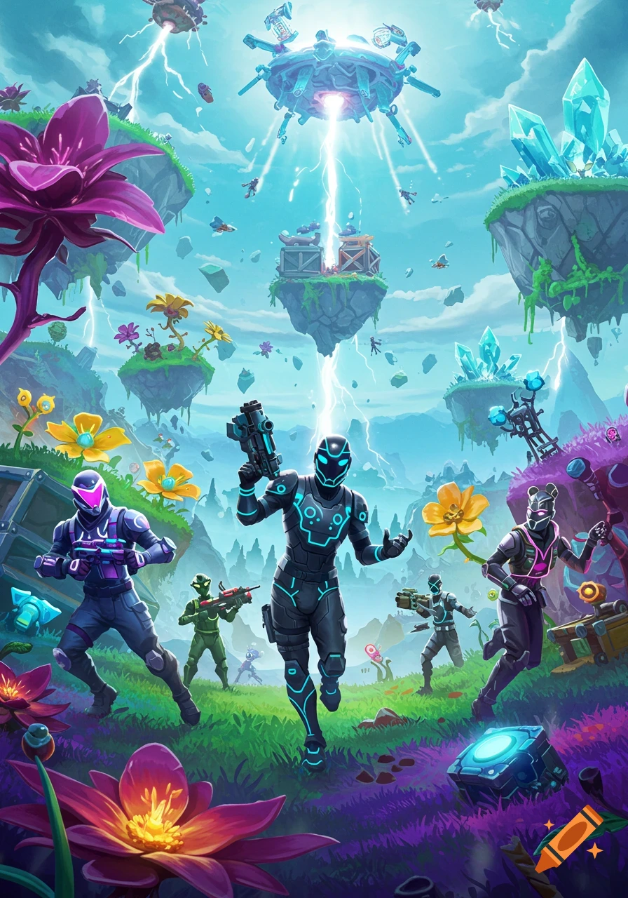 Stylized armored characters with weapons on floating islands in a vibrant fantasy sci-fi landscape, with a futuristic structure in the sky.