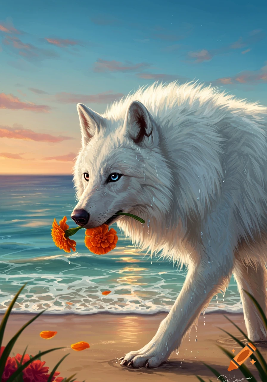 White wolf with heterochromia walks on a sandy beach at sunset, holding orange marigolds in its mouth. Digital art.