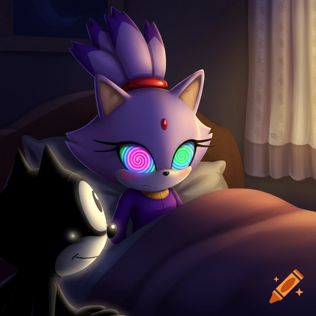 Blaze the Cat, with swirling hypnotized eyes and blushing, lies in bed under a blanket, looking at Felix the Cat in a dim bedroom.