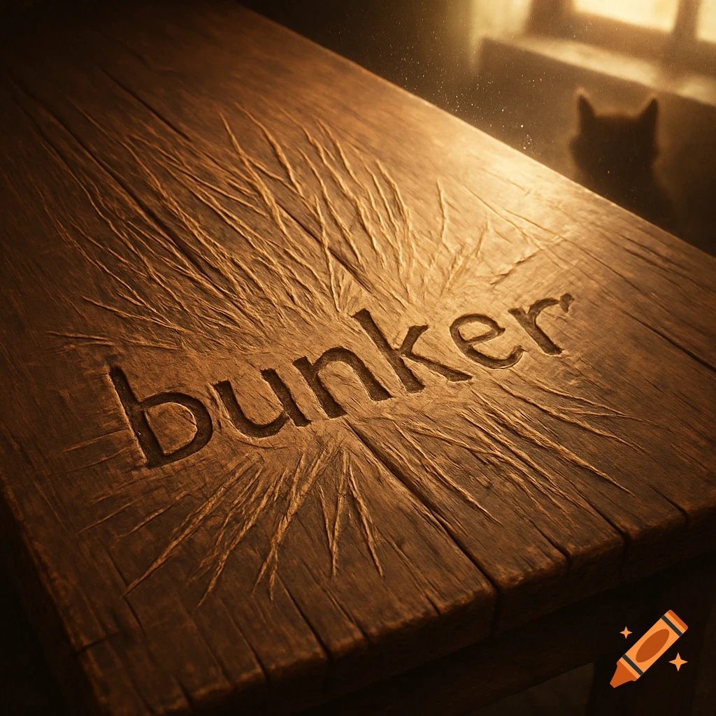 The word 'bunker' carved into a rustic wooden table, with a faint silhouette of a cat in the background.