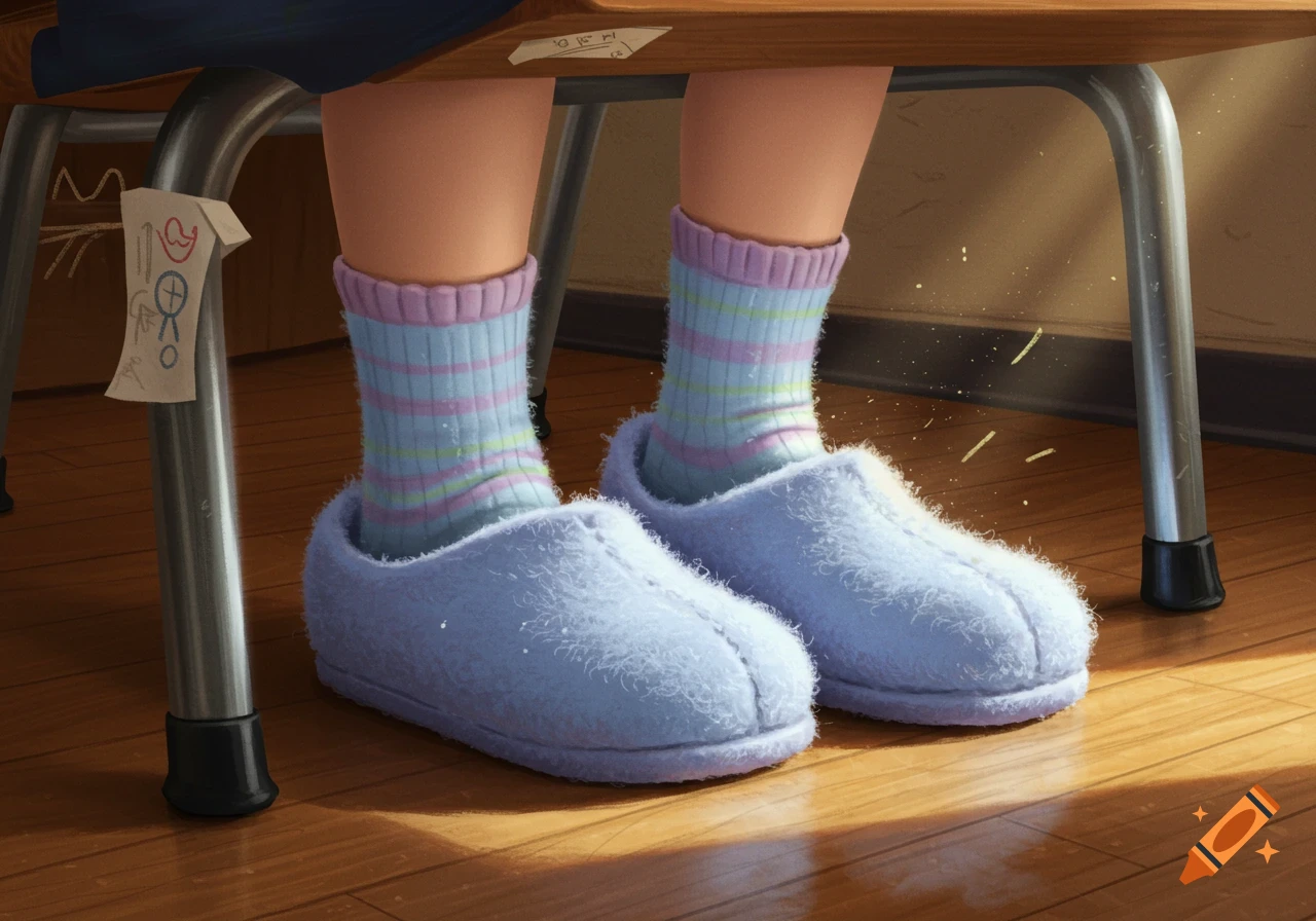 Close-up of a child's feet in light blue fuzzy slippers and striped socks, sitting under a school desk, in an illustrative style.