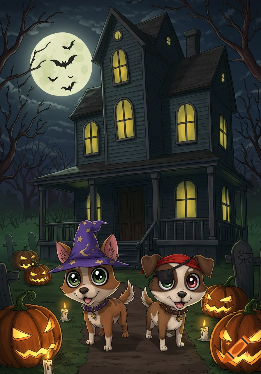 A cartoon wizard dog and a pirate dog stand on a path in front of a spooky haunted house under a full moon with bats, jack-o'-lanterns, and candles.