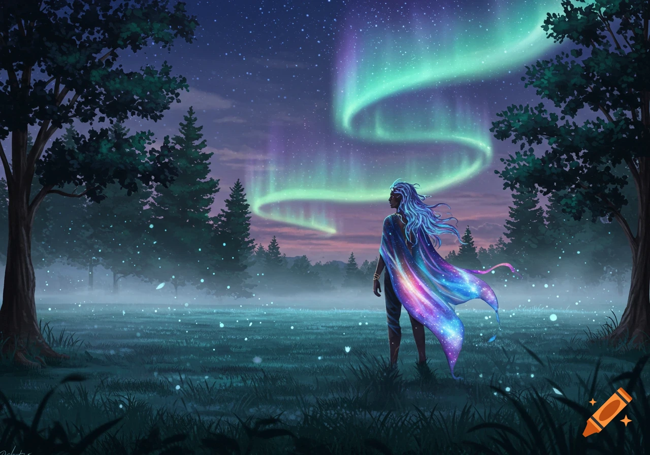 A fantasy person with blue flowing hair and a starry cape stands in a magical forest at night under the vibrant aurora borealis.