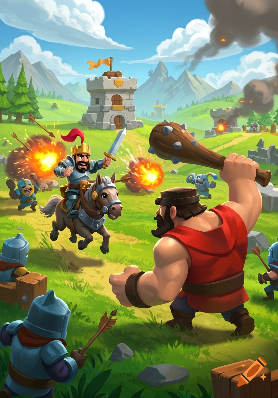 A cartoon king on horseback leads an attack on a castle, battling a giant with a club and other warriors in a fantasy landscape with explosions and arrows.