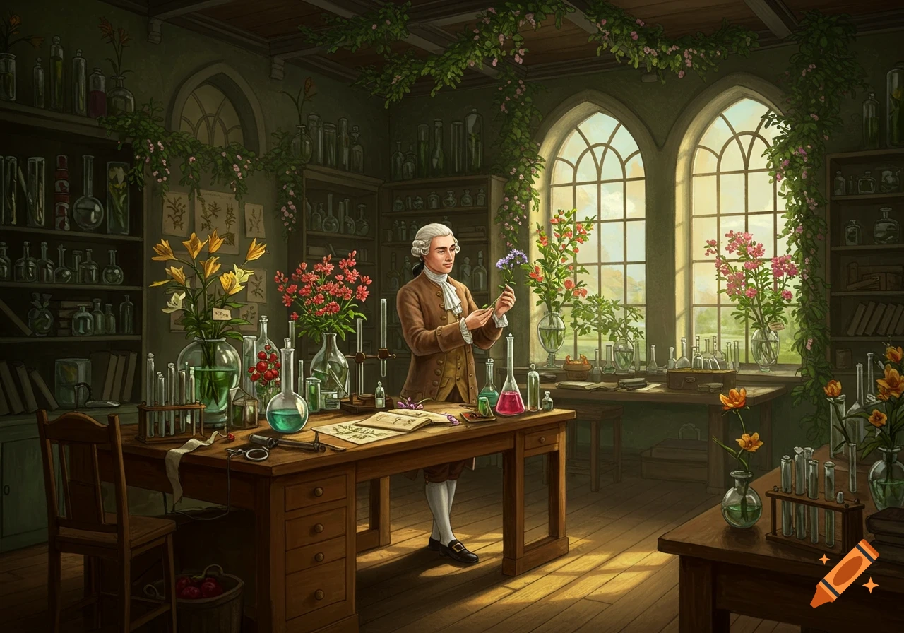 A man resembling Carl Linnaeus examines a purple flower in a vintage botany laboratory filled with various plants and scientific equipment.