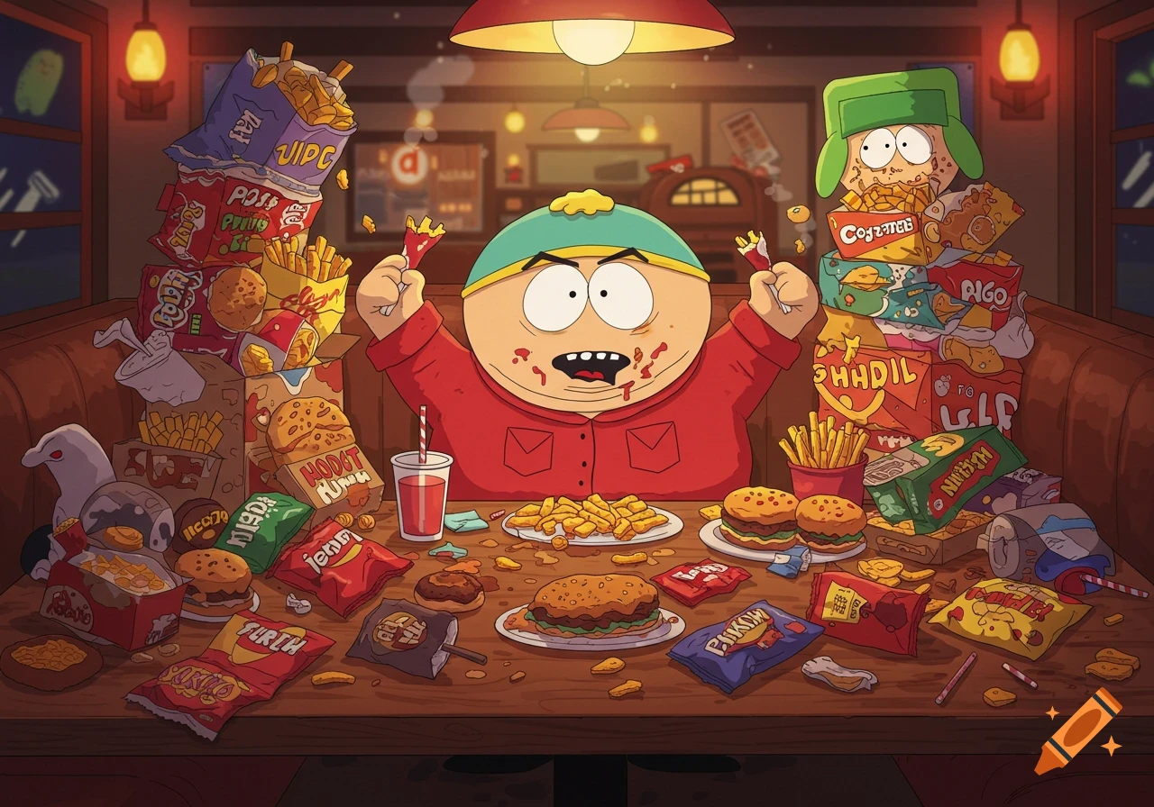 South Park's Eric Cartman and Kyle feast on a huge pile of fast food and snacks in a restaurant booth, cartoon style.