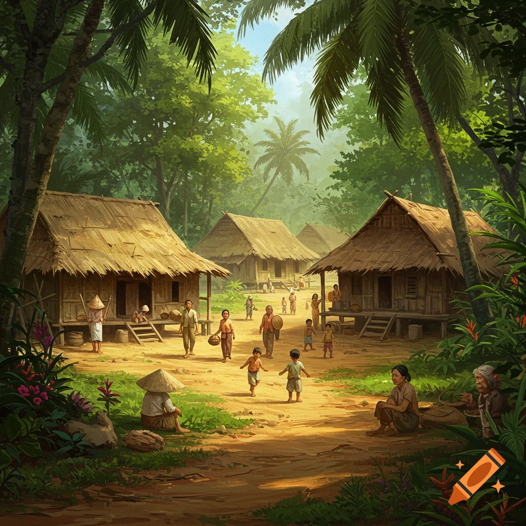 Illustration of a bustling 1945 Vietnamese village with thatched houses, lush palms, and villagers on dirt paths.