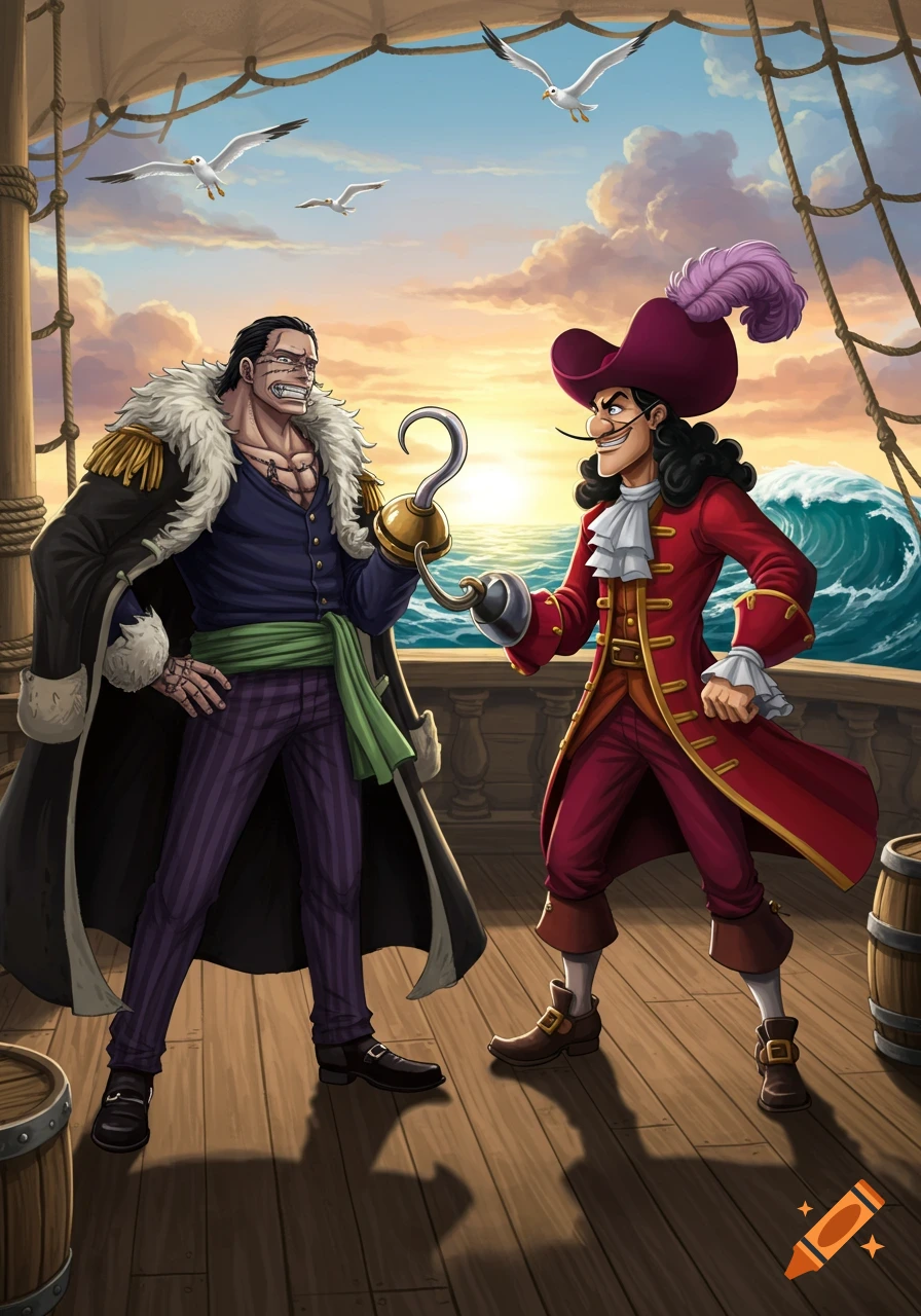 Sir Crocodile and Captain Hook meet on a pirate ship deck at sunset, in an anime-cartoon style.