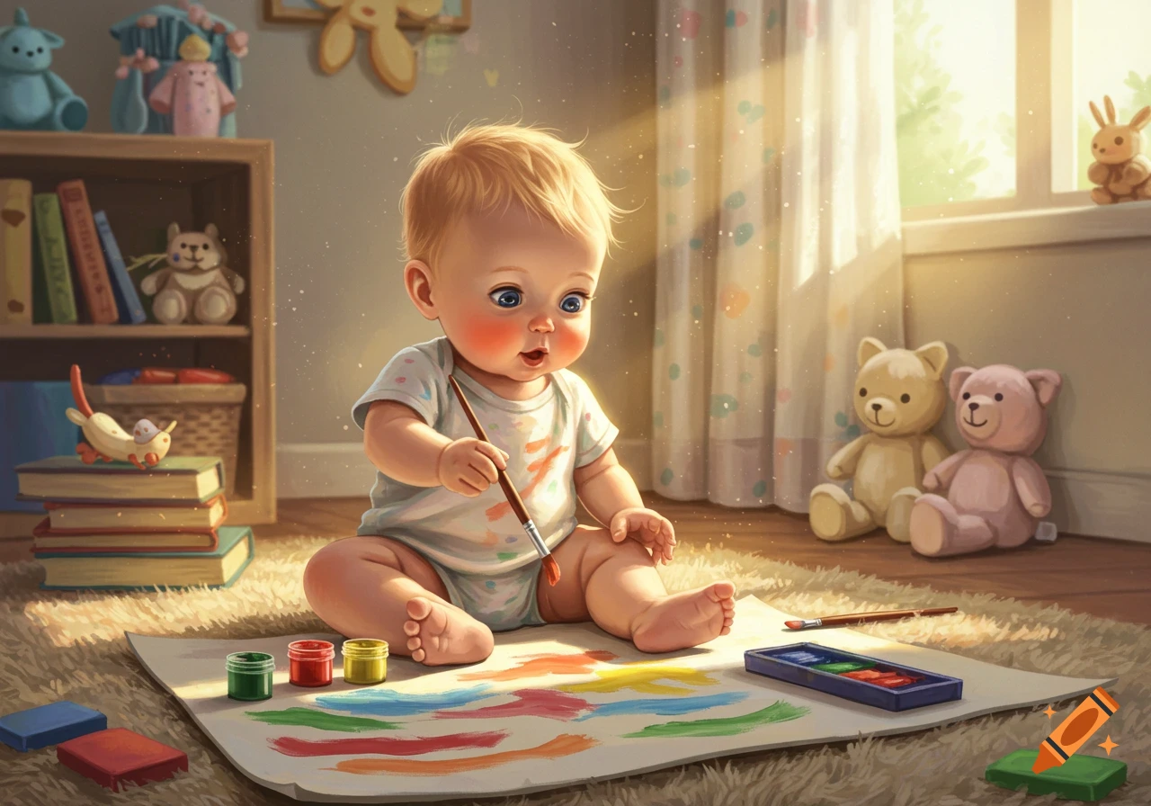 A cute baby with blonde hair sits on a rug, painting on a large paper with colorful paints in a sunlit playroom.