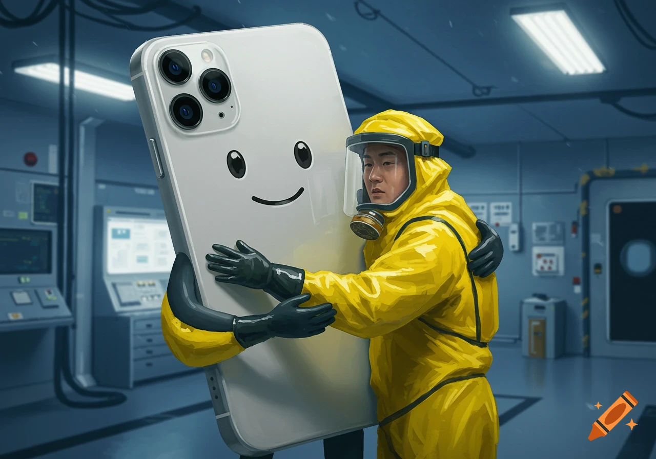 An illustration of a man in a yellow hazmat suit hugging a giant, smiling iPhone in an industrial setting.