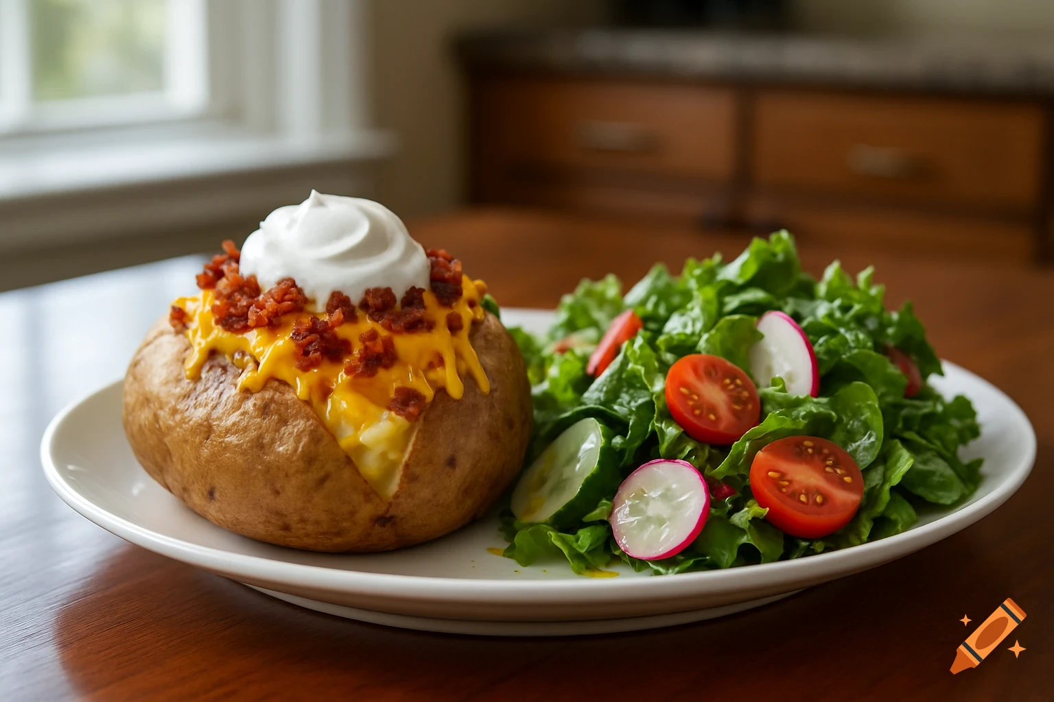 A loaded baked potato topped with cheese, bacon bits, and sour cream sits next to a fresh green salad with tomatoes, cucumbers, and radishes on a white plate.
