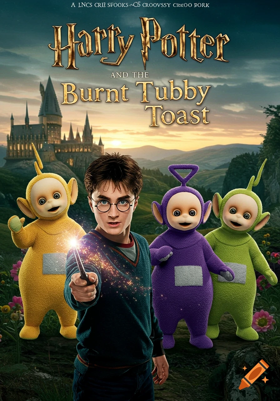Harry Potter holding a glowing wand, standing with three Teletubbies in a magical landscape with Hogwarts castle in the background, like a movie poster. The title reads 'Harry Potter and the Burnt Tubby Toast'.
