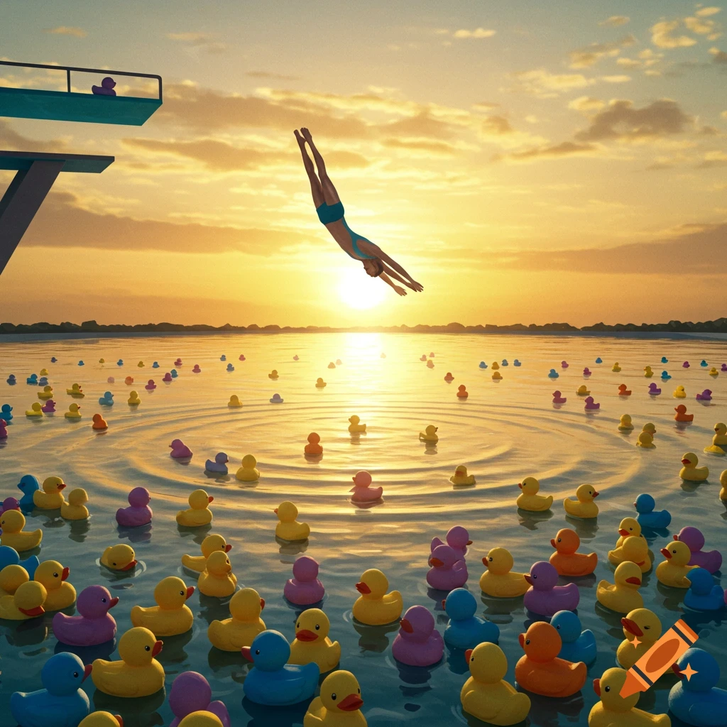 A diver plunges from a diving board into a lake teeming with colorful rubber ducks, illuminated by a warm sunset.