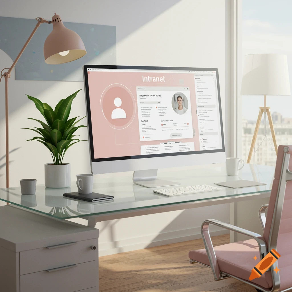 A modern office desk with a glass top, a computer displaying an intranet page, a pink office chair, a green plant, and a lamp, in a sunlit room.