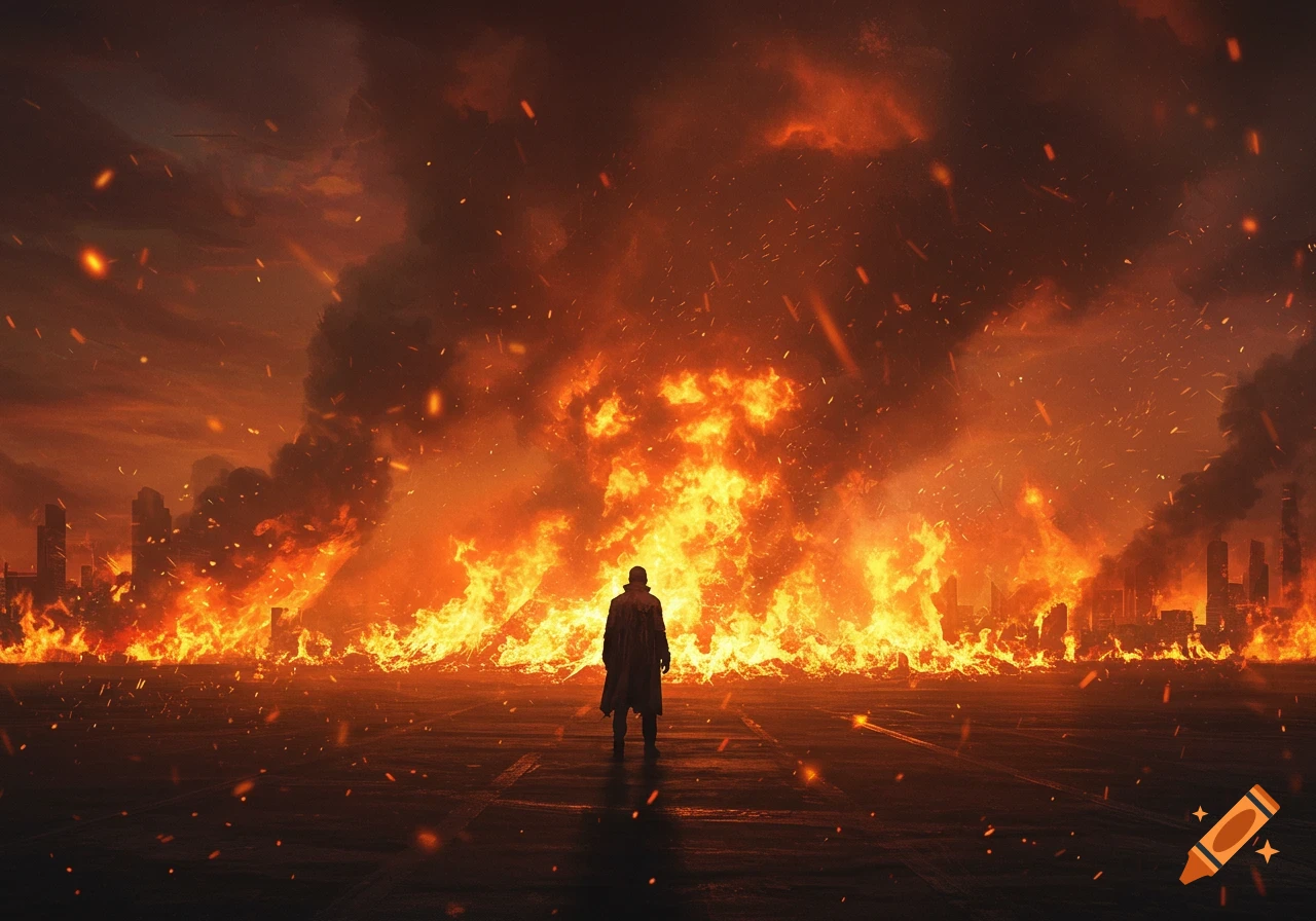 A lone figure stands on a dark plain, looking at a city engulfed in massive flames under a fiery, smoke-filled sky.