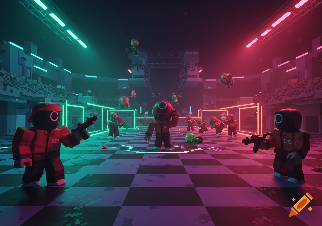 Roblox-style characters in red Squid Game suits with weapons on a checkerboard floor in a neon-lit stadium.