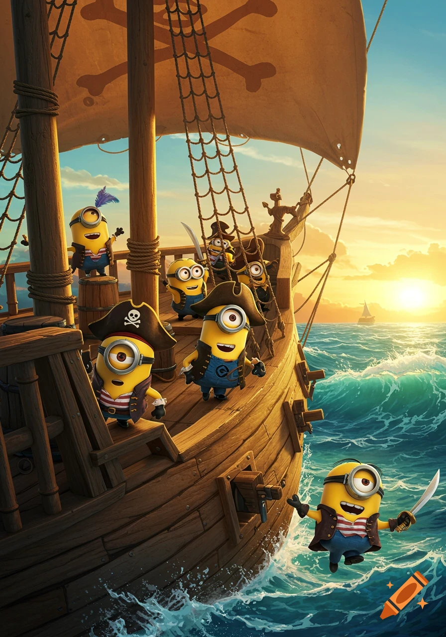 A group of Minions dressed as pirates on a wooden ship sailing on a rough ocean at sunset.