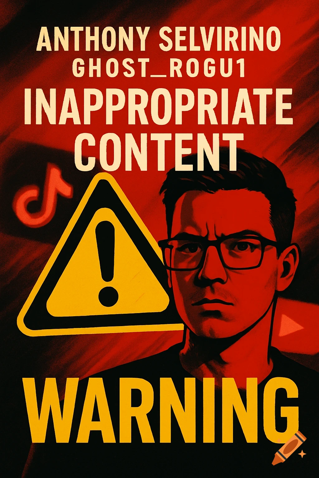 A red, yellow, and black warning poster with text about inappropriate content featuring a stern man, caution sign, and social media logos.