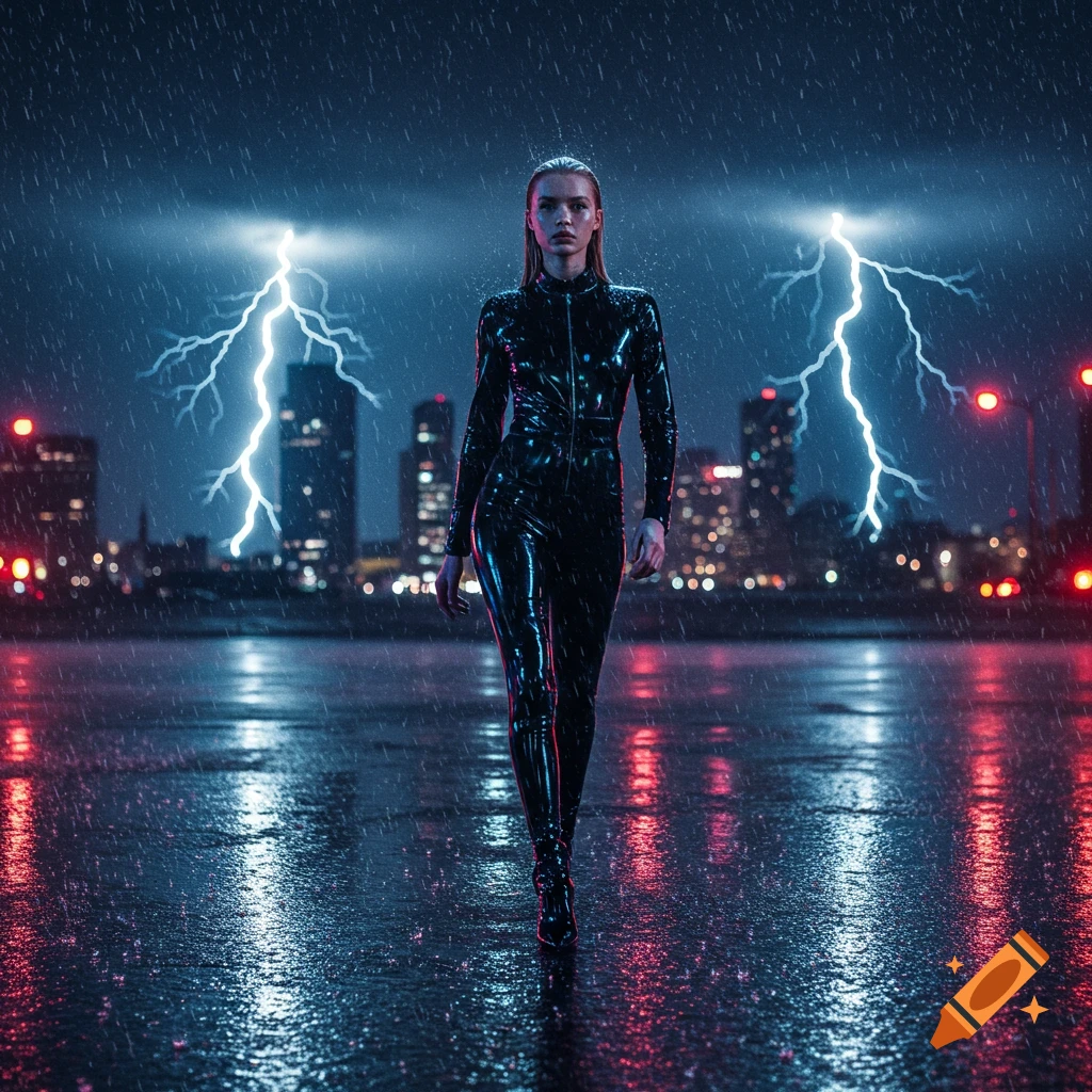 A woman in a black, shiny suit walks through pouring rain on a city street at night with lightning in the background.