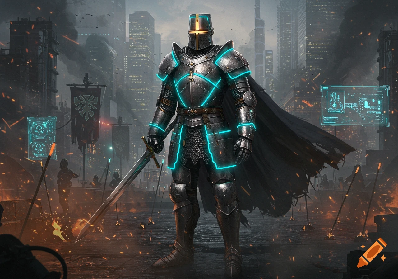 A futuristic knight in glowing blue and silver armor with a black cape holds a sword in a dystopian sci-fi city.