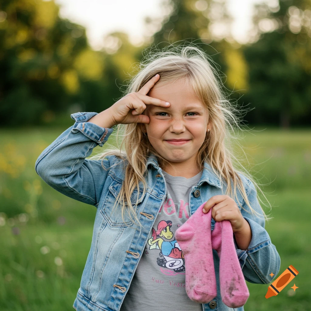 A blond girl in a denim jacket making a "loser" sign and holding dirty pink socks, smiling in a grassy outdoor setting.