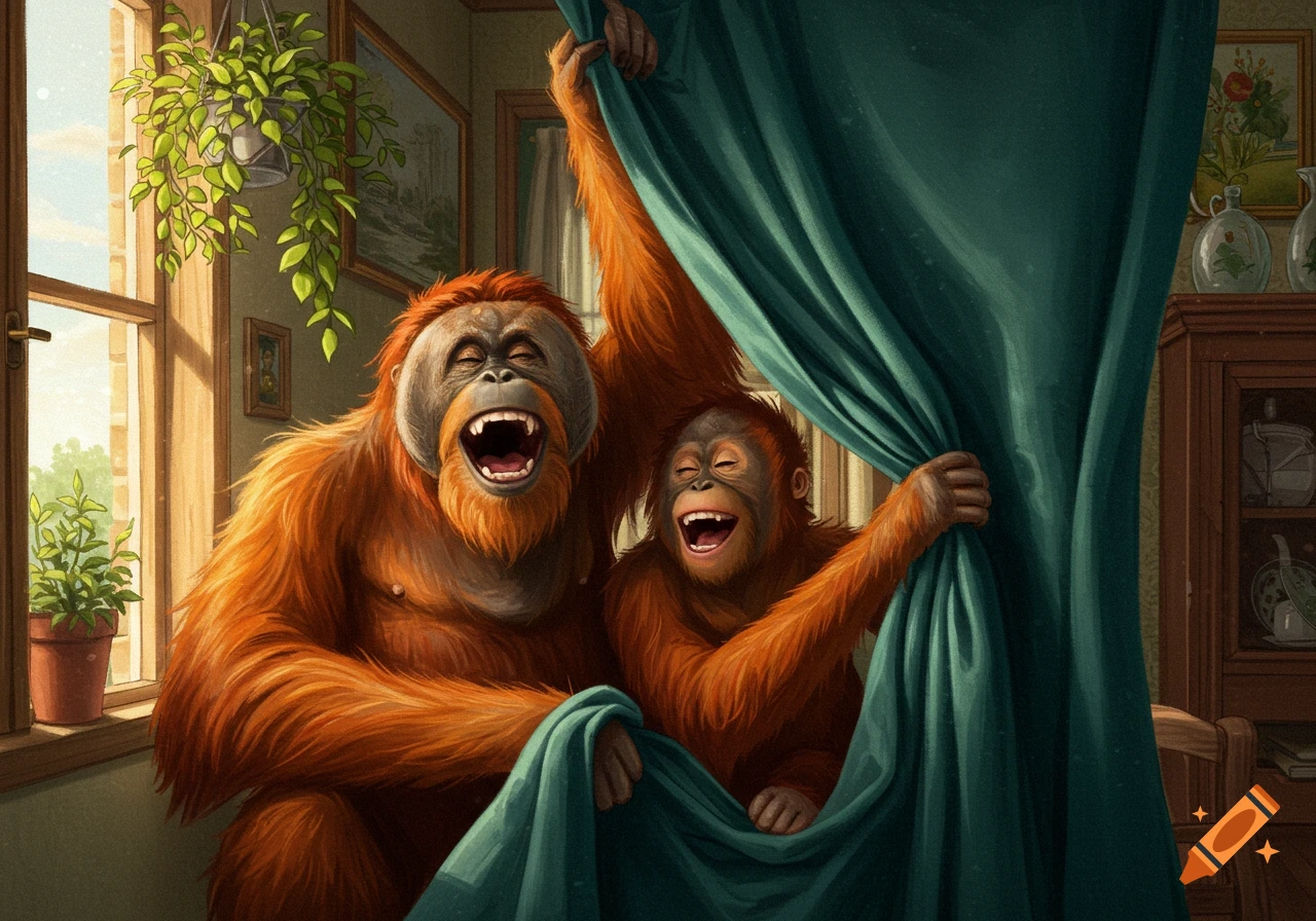 Two laughing orangutans play with a green curtain in a sunlit room, with plants by a window.