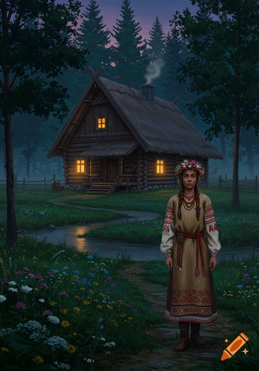 A young woman in traditional Slavic attire and a flower wreath stands on a path by a stream, in front of a lit log cabin in a twilight forest.