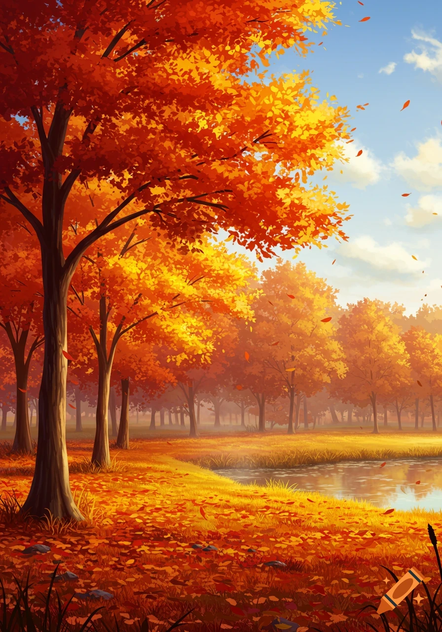 Vibrant digital illustration of an autumn forest with fiery orange and yellow trees, a pond, and fallen leaves on the ground under a blue sky.