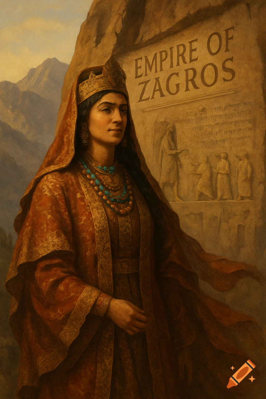 Painting of a woman in an ornate red and gold robe and crown, with turquoise jewelry, standing before a rock carving inscribed 'EMPIRE OF ZAGROS' and relief figures, against a mountain backdrop.