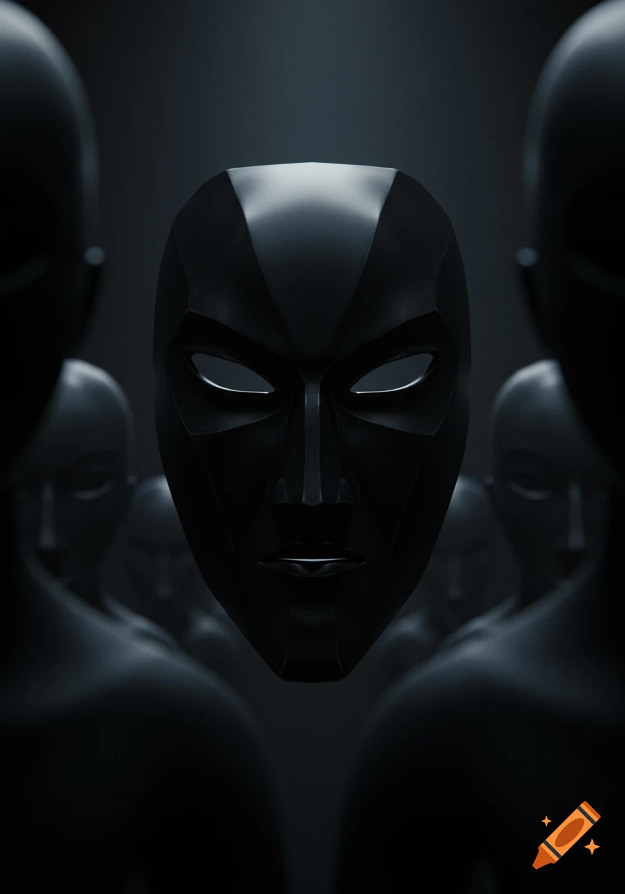 A sleek, angular black mask with white eye slits floats centrally in a dark, moody setting, surrounded by blurred dark figures.