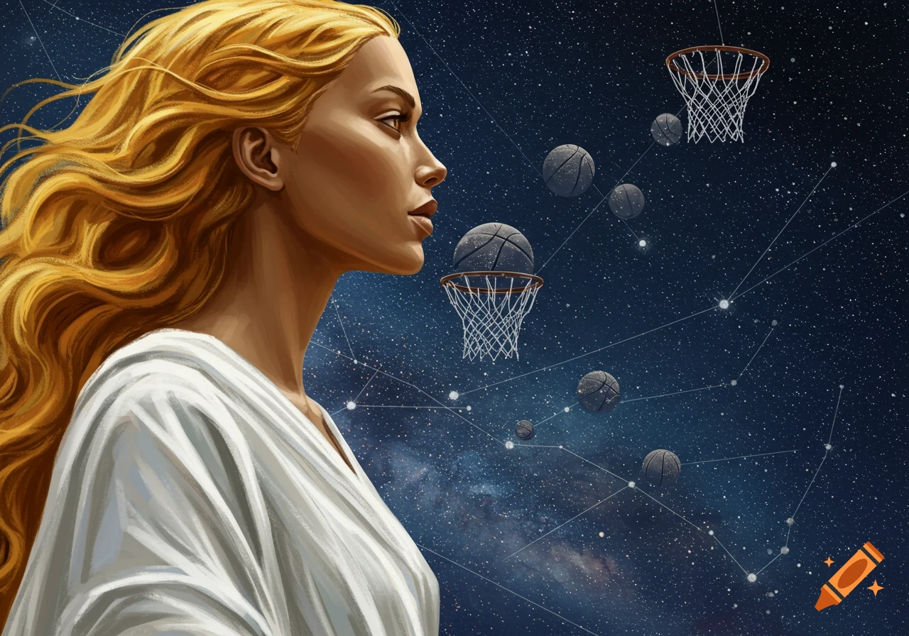 Profile of a goddess with long blonde hair against a starry cosmic background with basketballs and hoops connected by constellation lines.