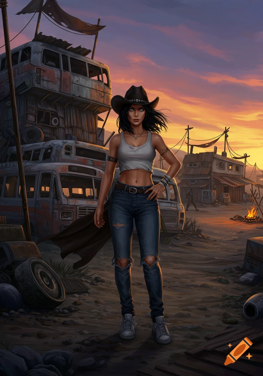 A female character in a cowboy hat, tank top, and ripped jeans stands in a post-apocalyptic desert landscape with structures made from old buses at sunset.