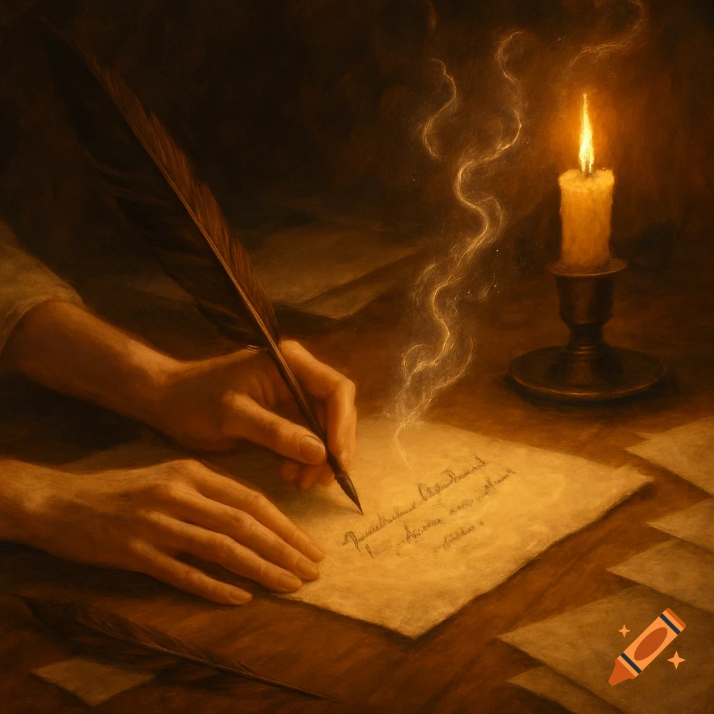 A pair of hands holds a quill pen, writing on aged paper by candlelight, with smoke rising.