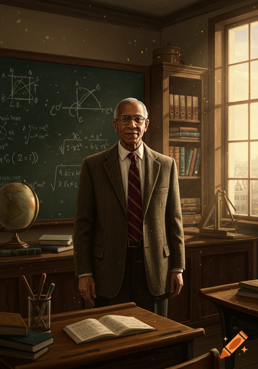 A distinguished older male teacher with glasses stands smiling in a vintage classroom with a blackboard full of equations and a sunny window.
