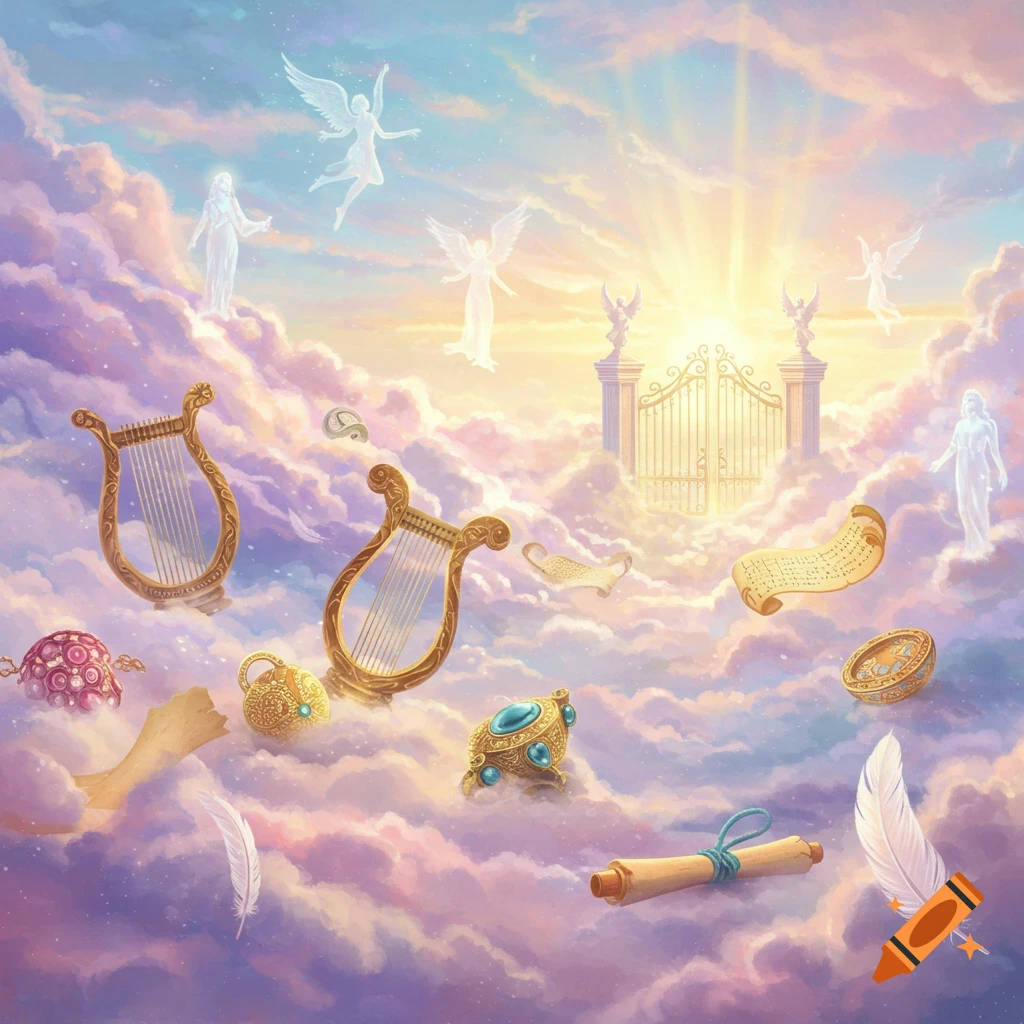 A vibrant illustration of a heavenly sky with golden gates, several ethereal angels, harps, scrolls, and jeweled objects floating among pastel clouds bathed in light.
