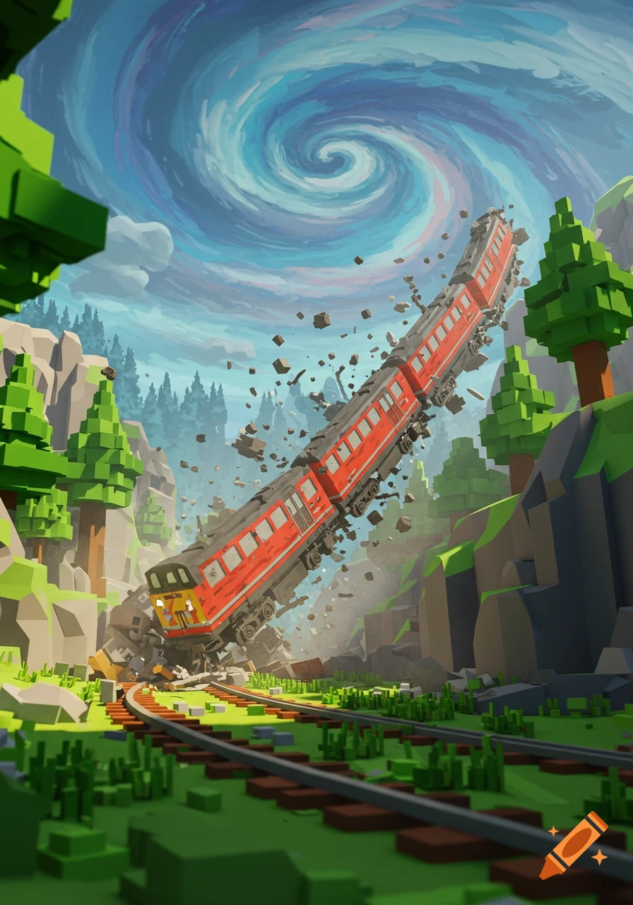 A red train crashes and breaks apart in a green, blocky valley under a swirling blue sky, in a voxel art style.