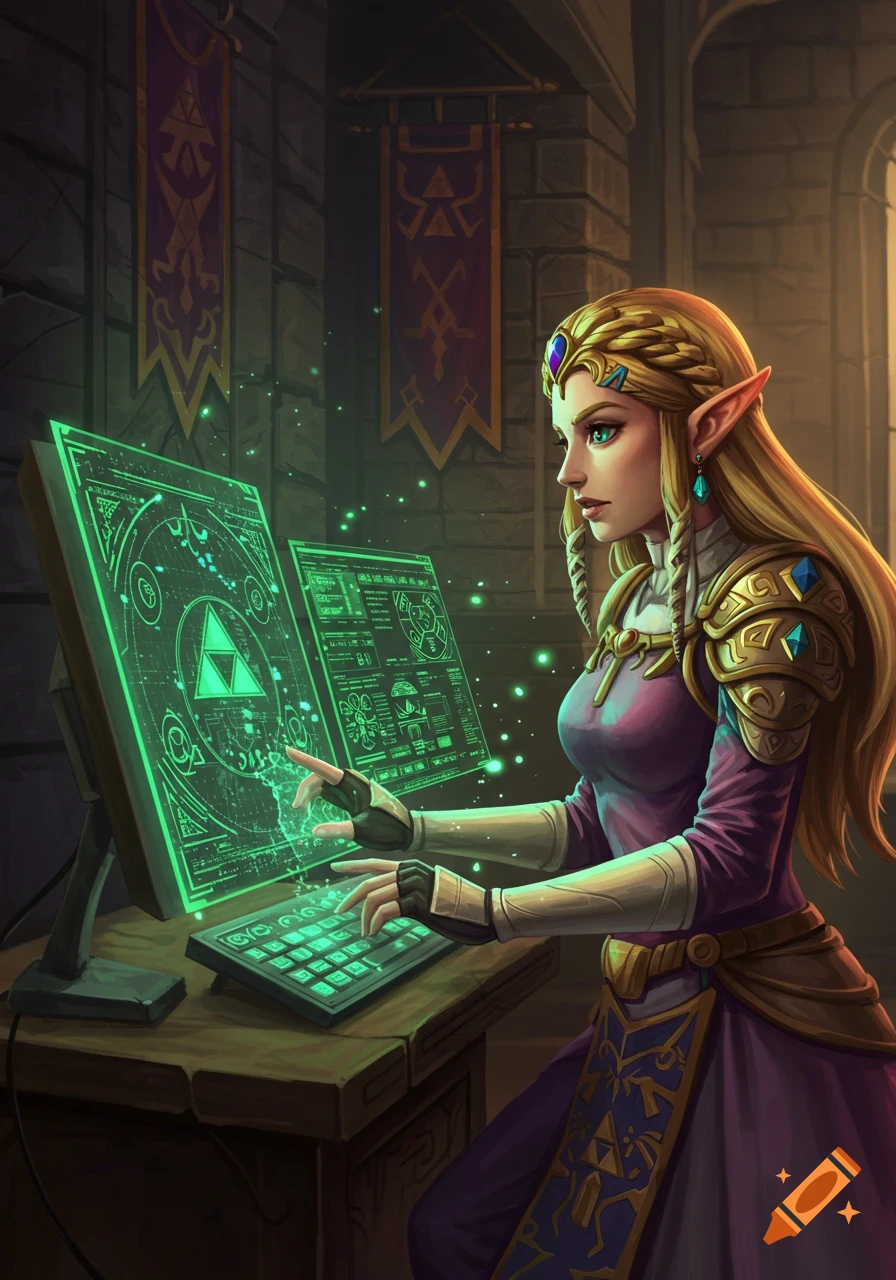 Princess Zelda in a fantasy art style, interacting with glowing green holographic computer screens in a stone room.