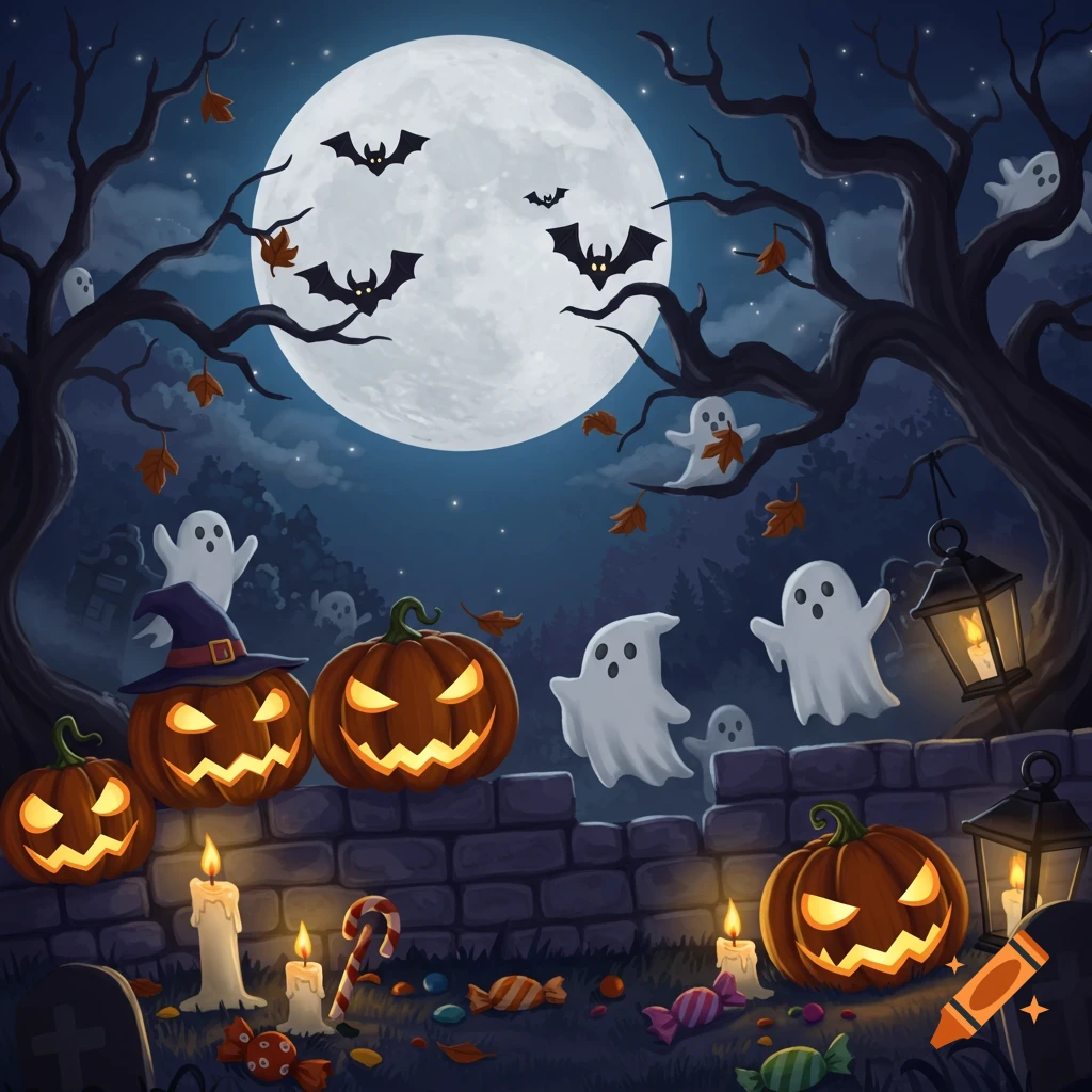 A whimsical Halloween illustration with glowing jack-o'-lanterns, cheerful ghosts, and bats flying by a full moon in a spooky forest.