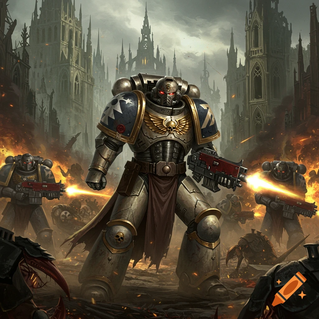 Heavily armored Space Marines battle alien Tyranids in a ruined gothic city, firing weapons amidst explosions and fallen foes.