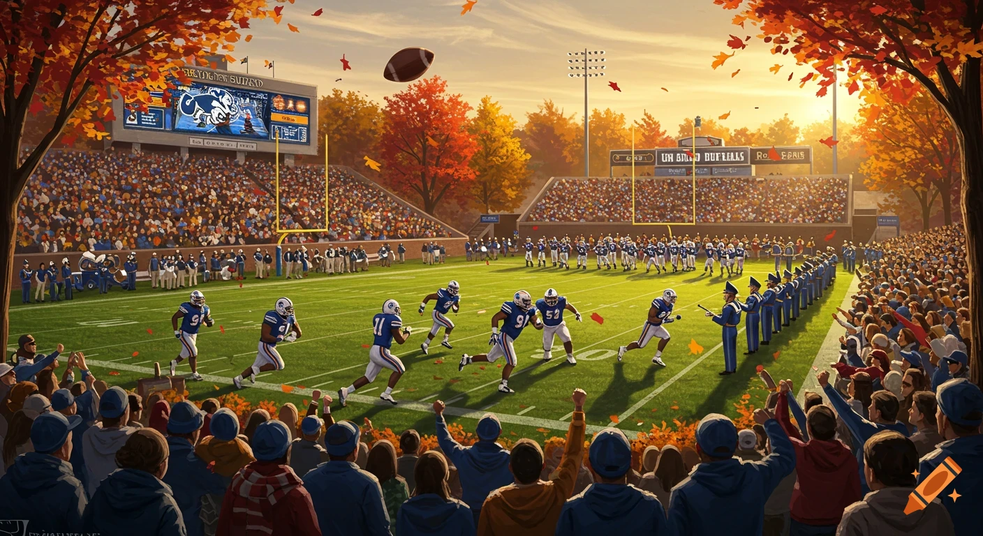 A vibrant autumn football game in a stadium with players on the field and a cheering crowd.