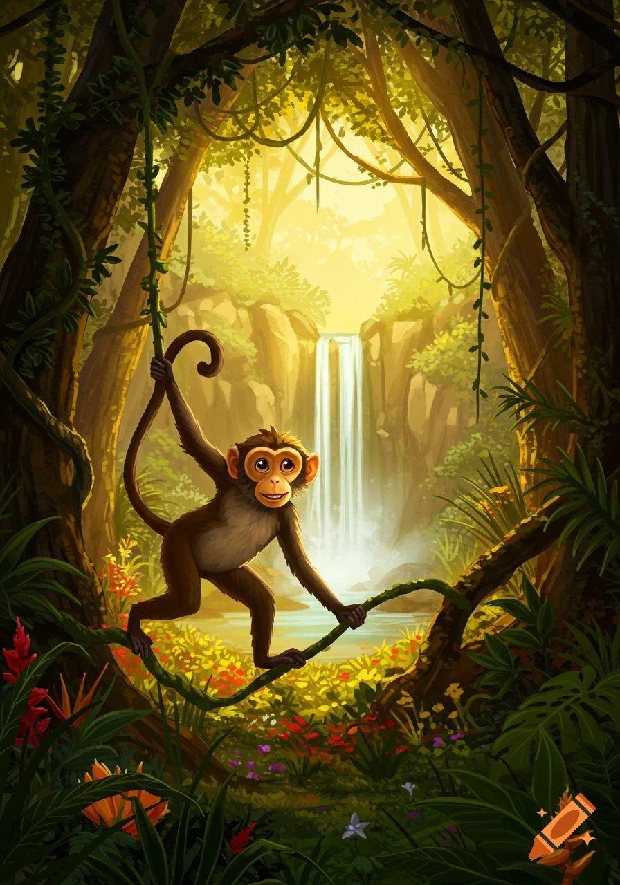 A cartoon monkey swings on a vine in a bright, lush jungle with a waterfall in an illustrative style.