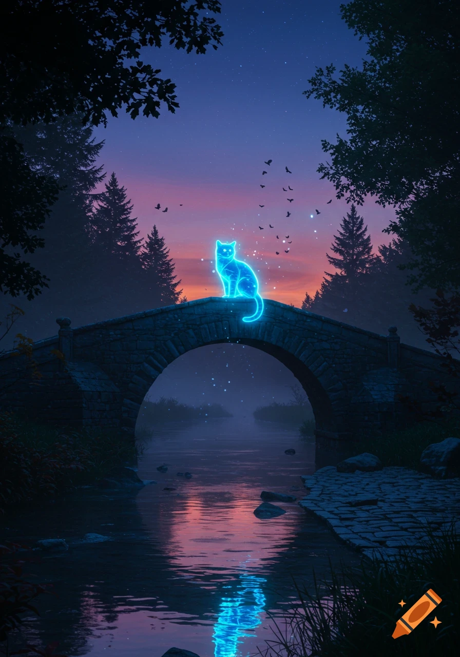 A glowing neon blue cat sits on a stone bridge over a river at twilight, surrounded by trees under a starry sky.